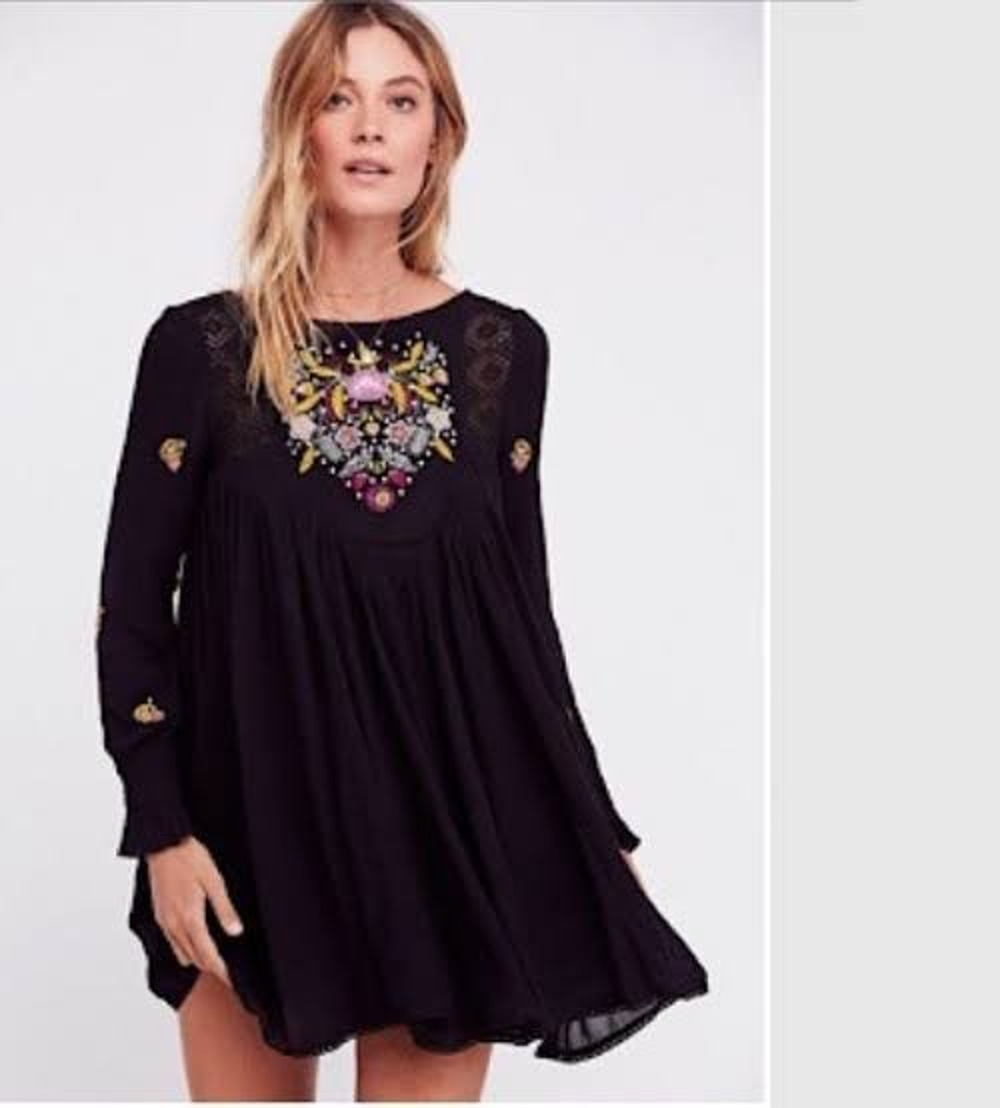 Free People Mohave Mini Babydoll Dress Black Embroidered Crochet Boho Small